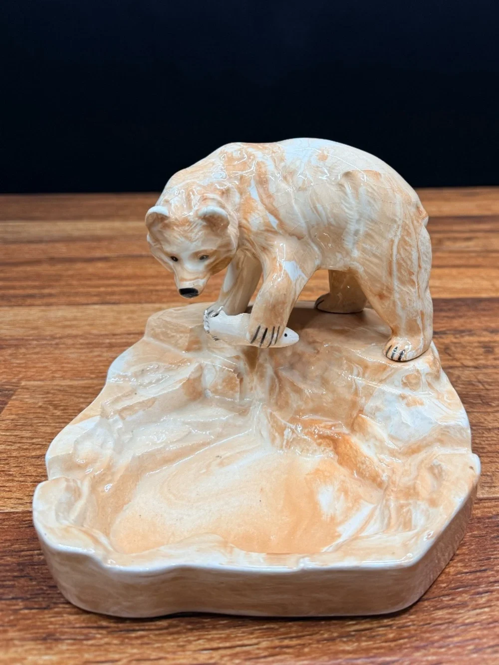 Alaska Clay Grizzly Bear with Fish Ashtray by Marie Pouch L - Ketchikan